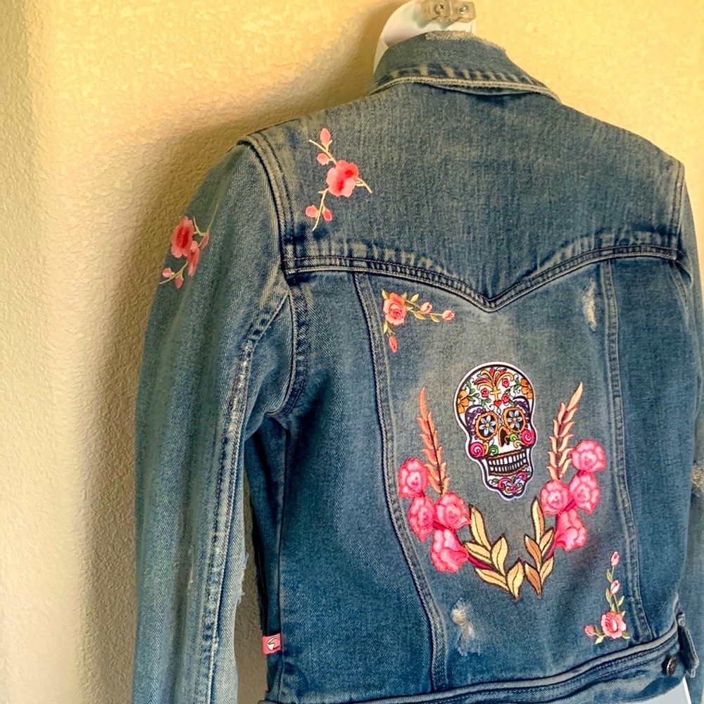 ❤️HP 3X❤️ SUGAR SKULL DAY OF THE DEAD Custom denim jacket,  M EUC